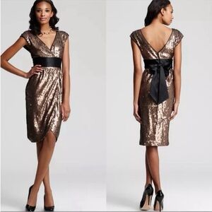 BCBG Reeve Cap-Sleeve Cocktail Sequin Midi Dress size XS Metallic Bronze